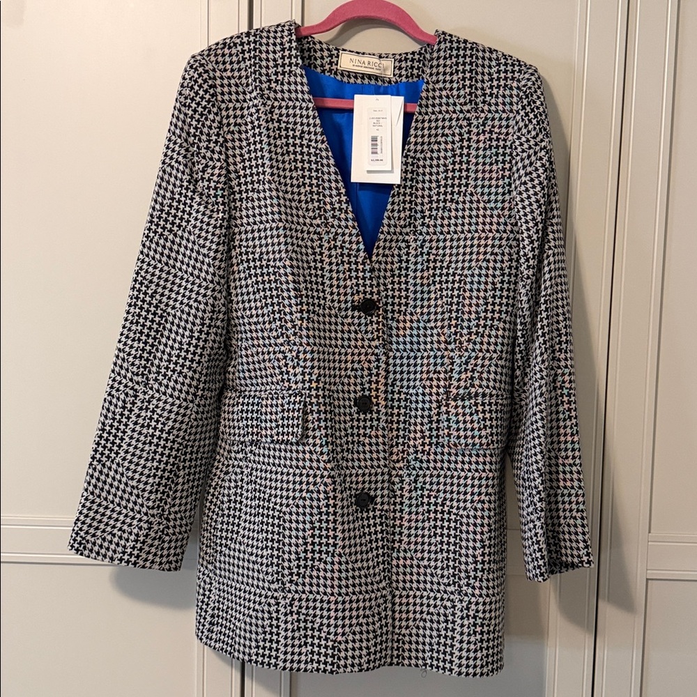 Nina Ricci Black and White Houndstooth Blazer with Blue Lining